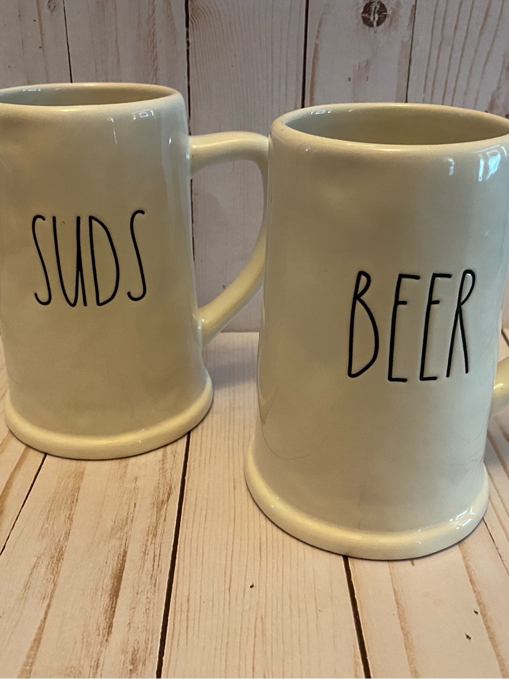 Rae Dunn Cream Ceramic Mugs with Black 'BEER' and 'SUDS' Lettering